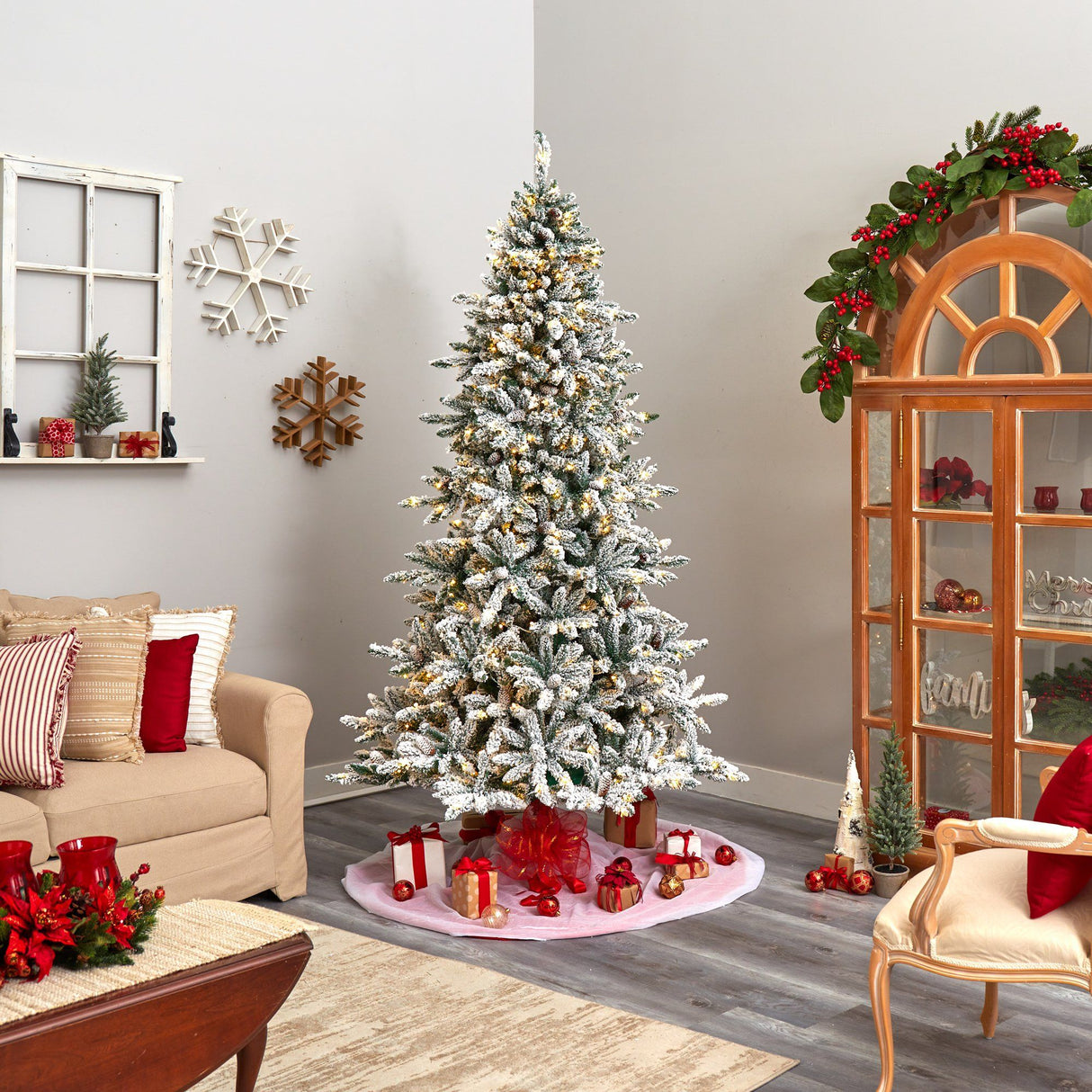 8’ Flocked Livingston Fir Artificial Christmas Tree with Pine Cones and 500 Clear Warm LED Lights-Christmas Tree-Parc Decor