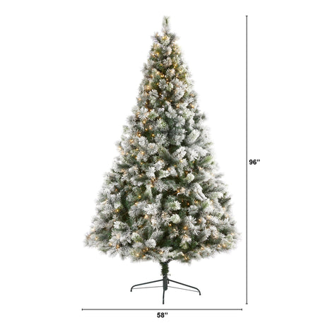 8’ Flocked Oregon Pine Artificial Christmas Tree with 500 Clear Lights and 1172 Bendable Branches-Christmas Tree-Parc Decor
