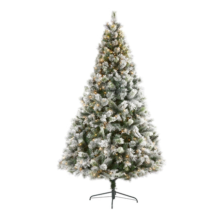 8’ Flocked Oregon Pine Artificial Christmas Tree with 500 Clear Lights and 1172 Bendable Branches-Christmas Tree-Parc Decor