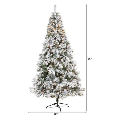 8' Flocked White River Mountain Pine Artificial Christmas Tree with Pinecones and 500 Clear LED Lights-Christmas Tree-Parc Decor