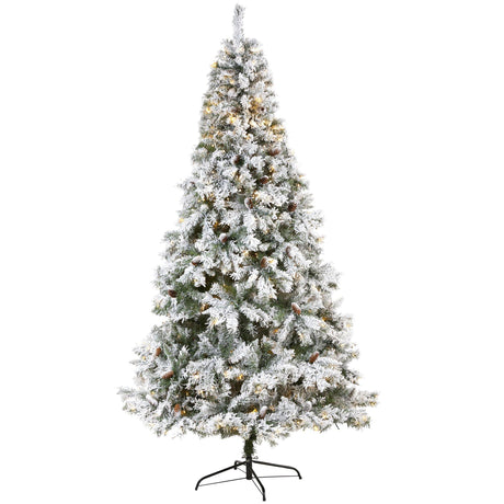 8' Flocked White River Mountain Pine Artificial Christmas Tree with Pinecones and 500 Clear LED Lights-Christmas Tree-Parc Decor
