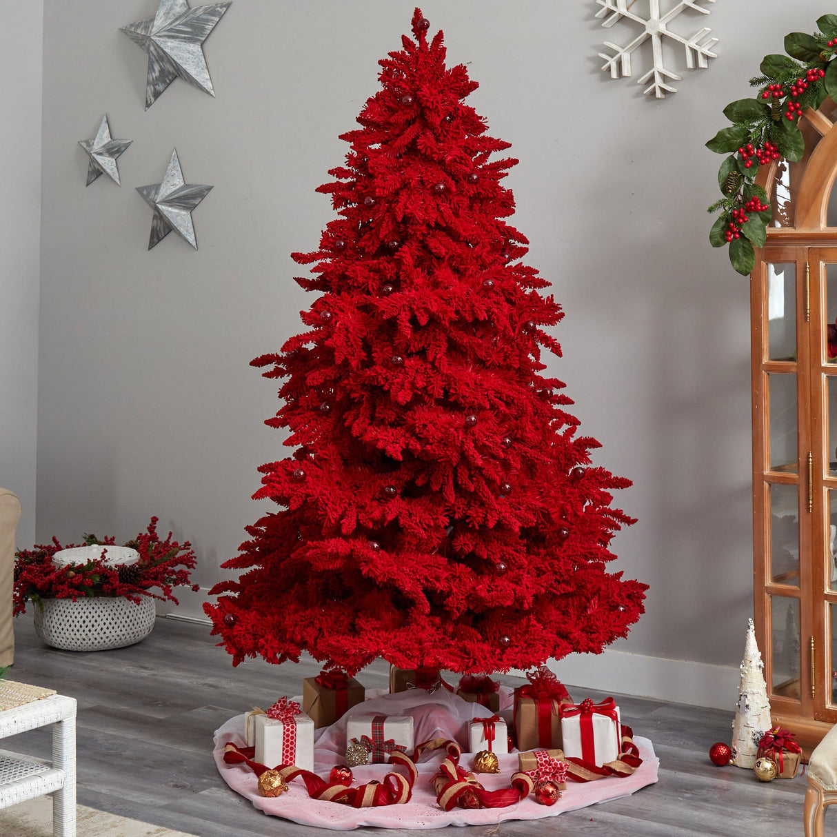 8' Red Flocked Fraser Fir Artificial Christmas Tree-Christmas Tree-Parc Decor