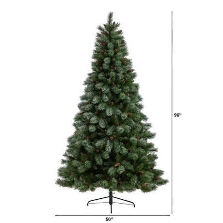 8’ Snowed French Alps Mountain Pine Christmas Tree with 1159 Bendable Branches and Pine Cones-Christmas Tree-Parc Decor