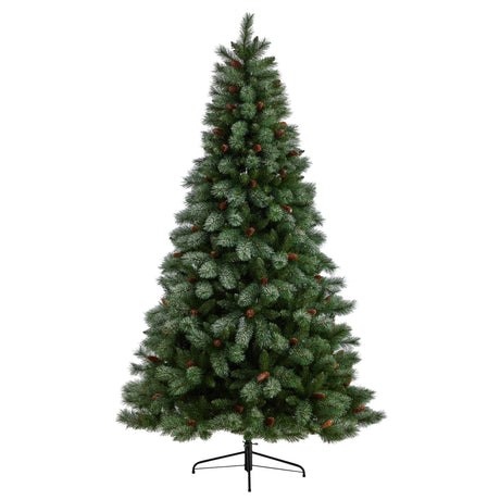 8’ Snowed French Alps Mountain Pine Christmas Tree with 1159 Bendable Branches and Pine Cones-Christmas Tree-Parc Decor