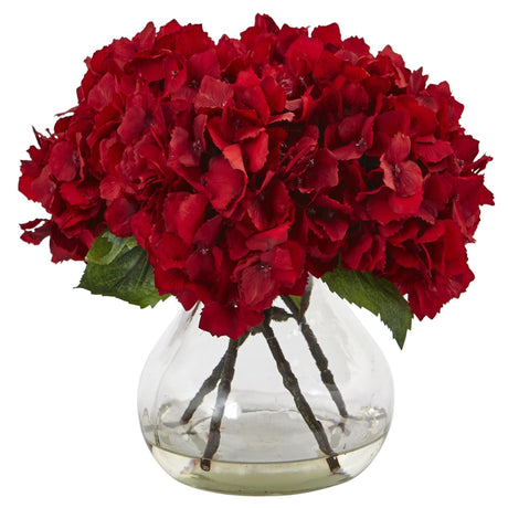 8.5" Artificial Red Hydrangea with Vase Silk Flower Arrangement"-Arrangement-Parc Decor