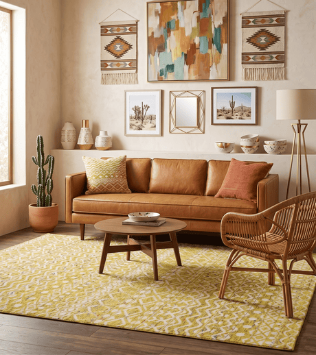 8.7x11.4 Hand Knotted Gold and White Ivory Contemporary Southwestern Tribal Trellis Recycled Silk Area Rug | OP4
