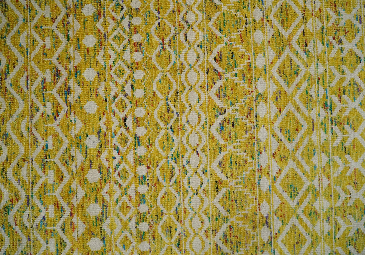 8.7x11.4 Hand Knotted Gold and White Ivory Contemporary Southwestern Tribal Trellis Recycled Silk Area Rug | OP4
