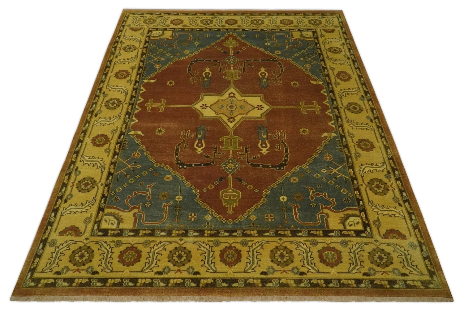 8.8x11.9 Rust, Gold and Blue Heriz Traditional Vintage Style Antique Look Hand Knotted Wool Area Rug