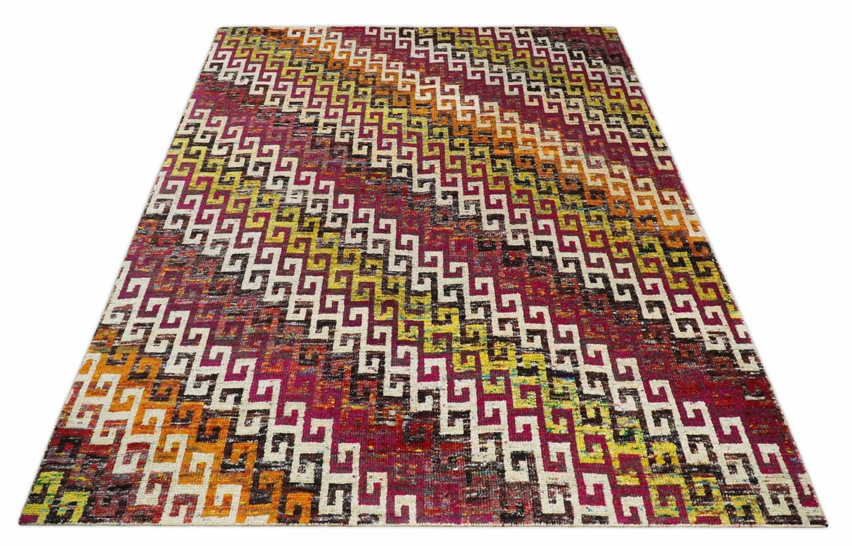 8x10 and 9x12 Hand Knotted Multicolor Modern Contemporary Southwestern Tribal Trellis Recycled Silk Area Rug