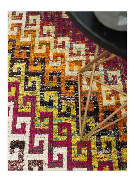 8x10 and 9x12 Hand Knotted Multicolor Modern Contemporary Southwestern Tribal Trellis Recycled Silk Area Rug