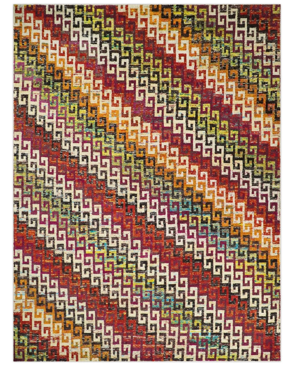 8x10 and 9x12 Hand Knotted Multicolor Modern Contemporary Southwestern Tribal Trellis Recycled Silk Area Rug