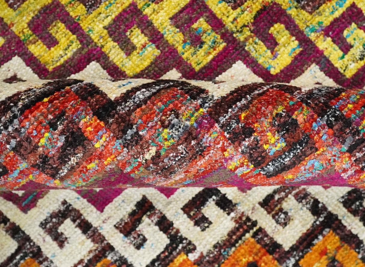 8x10 and 9x12 Hand Knotted Multicolor Modern Contemporary Southwestern Tribal Trellis Recycled Silk Area Rug
