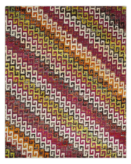 8x10 and 9x12 Hand Knotted Multicolor Modern Contemporary Southwestern Tribal Trellis Recycled Silk Area Rug