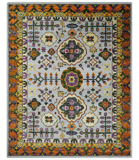 8x10 and 9x12 Hand Knotted Silver, Rust and Gold Persian Oushak made of Recycled Silk Area Rug