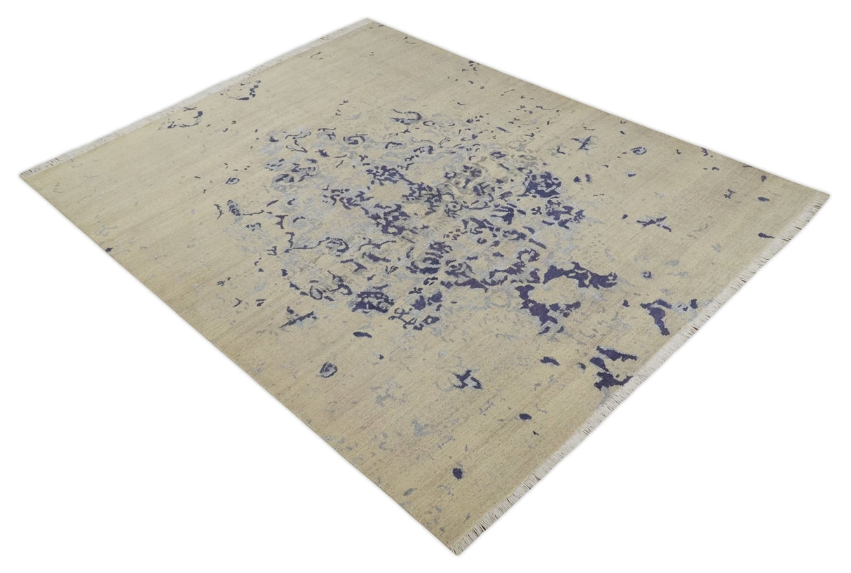 8x10 Beige, Blue and Silver Antique Style, Abstract Hand Knotted Low pile Wool Area Rug