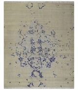 8x10 Beige, Blue and Silver Antique Style, Abstract Hand Knotted Low pile Wool Area Rug