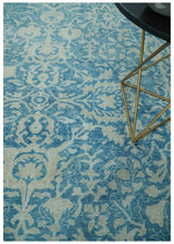 8x10 Blue and Camel Distressed Finish Low Pile Traditional Hand Knotted Wool Rug