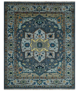 8x10 Blue, Silver and Beige Hand Knotted Traditional Heriz Serapi Wool Area Rug
