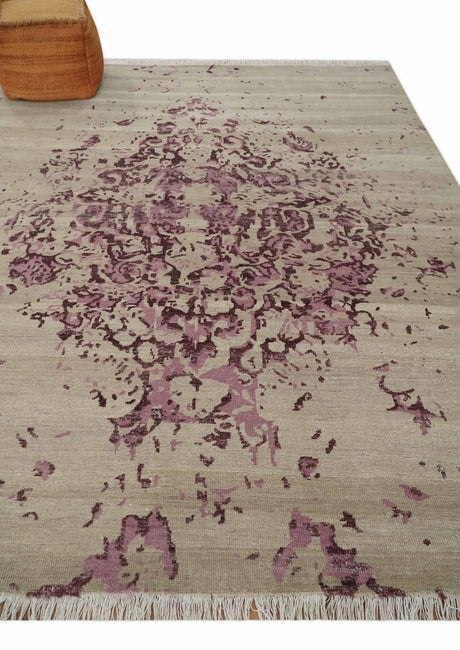8x10 Camel and Purple Antique Style, Abstract Hand Knotted Low pile Wool Area Rug