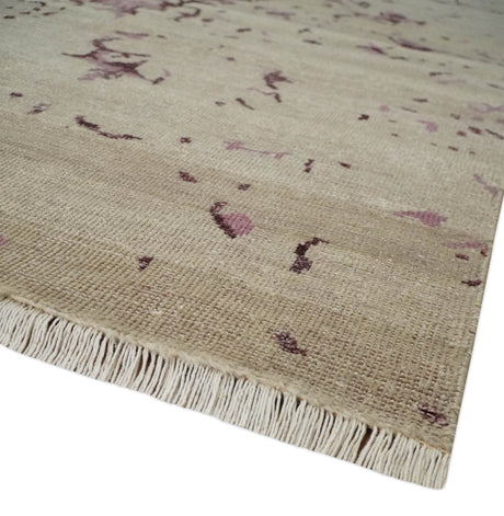 8x10 Camel and Purple Antique Style, Abstract Hand Knotted Low pile Wool Area Rug