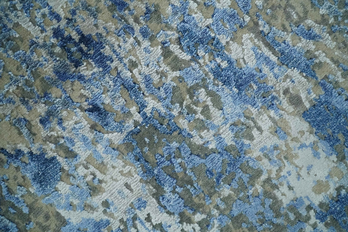 8x10 Fine Blue, Ivory and Beige Hand knotted Abstract wool and Art Silk Area Rug