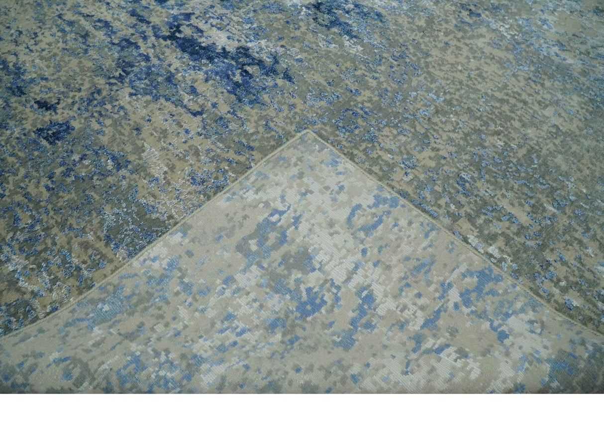 8x10 Fine Blue, Ivory and Beige Hand knotted Abstract wool and Art Silk Area Rug