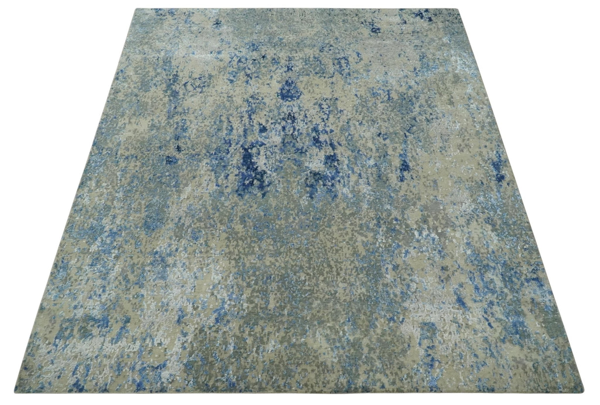 8x10 Fine Blue, Ivory and Beige Hand knotted Abstract wool and Art Silk Area Rug-Area Rug-Parc Decor