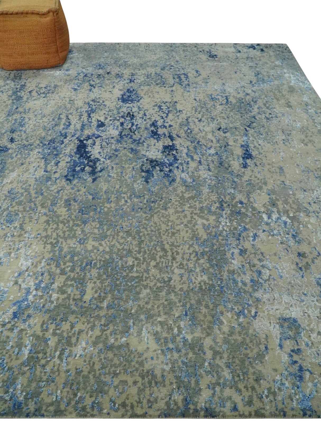 8x10 Fine Blue, Ivory and Beige Hand knotted Abstract wool and Art Silk Area Rug-Area Rug-Parc Decor