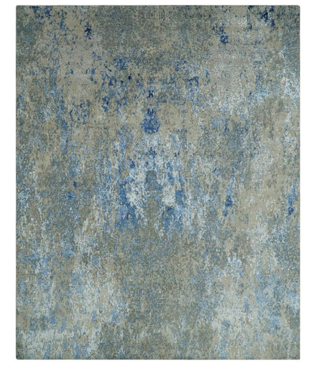 8x10 Fine Blue, Ivory and Beige Hand knotted Abstract wool and Art Silk Area Rug