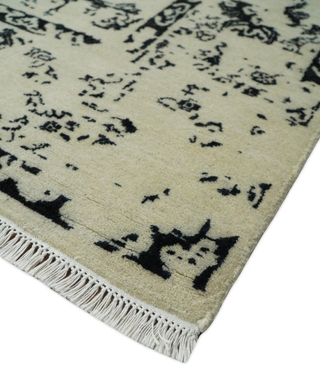 8x10 Fine Hand Knotted Beige and Black Traditional Vintage Persian Antique Wool Rug