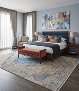 8x10 Fine Hand Knotted Beige and Blue Modern Abstract Style Wool and Silk Area Rug