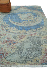 8x10 Fine Hand Knotted Beige and Blue Modern Abstract Style Wool and Silk Area Rug