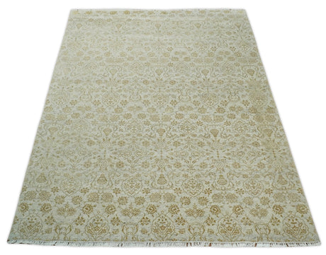 8x10 Fine Hand Knotted Beige and Gold Traditional Vintage Persian Style Antique Silk Rug