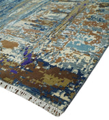 8x10 Fine Hand Knotted Blue And Brown Modern Abstract Wool and Bamboo Silk Area Rug