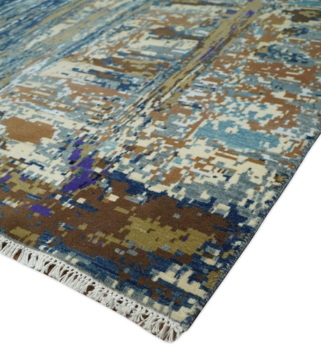 8x10 Fine Hand Knotted Blue And Brown Modern Abstract Wool and Bamboo Silk Area Rug