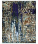 8x10 Fine Hand Knotted Blue And Brown Modern Abstract Wool and Bamboo Silk Area Rug