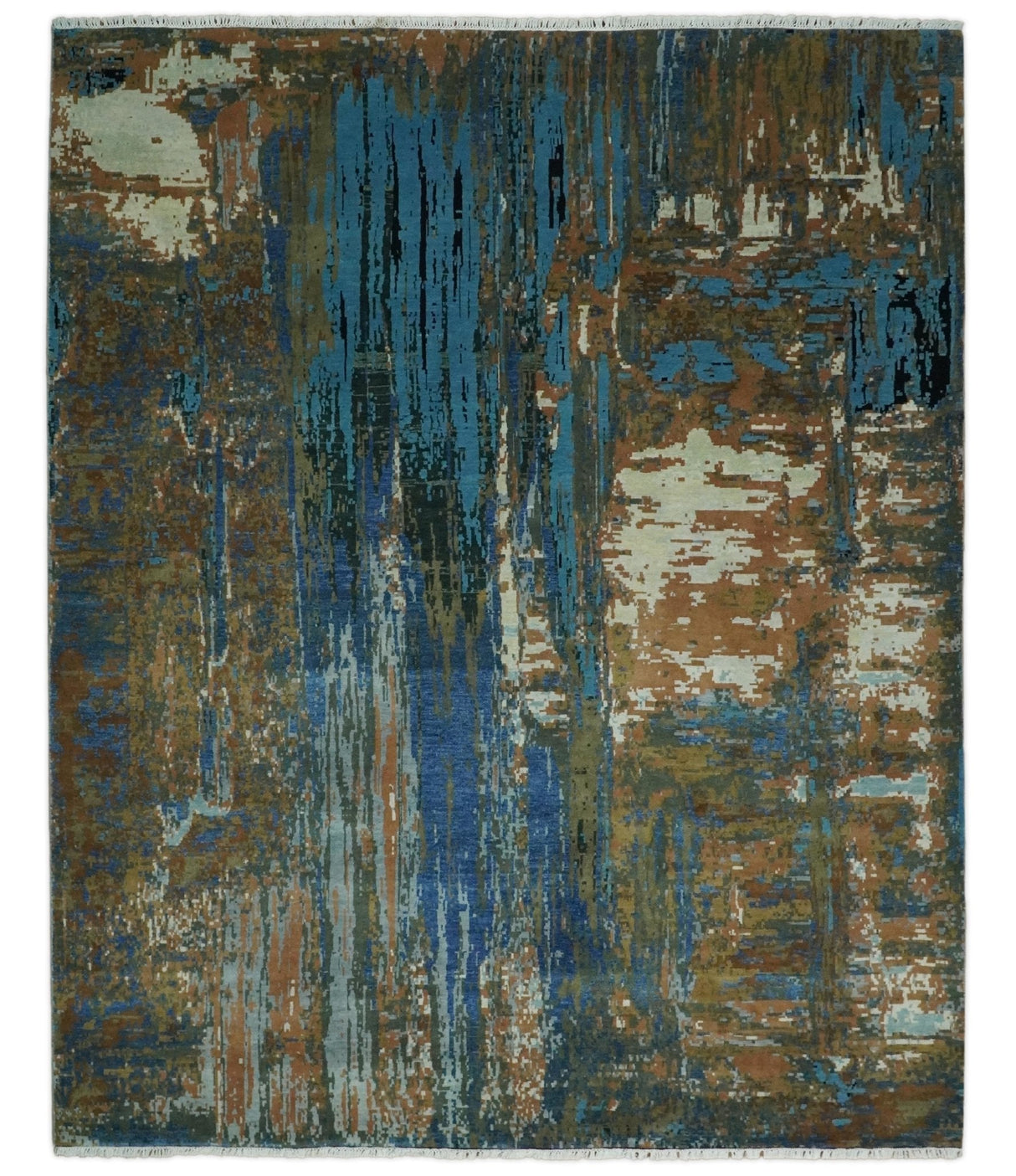 8x10 Fine Hand Knotted Blue and Brown Modern Abstract Wool Area Rug