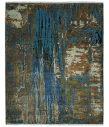 8x10 Fine Hand Knotted Blue and Brown Modern Abstract Wool Area Rug