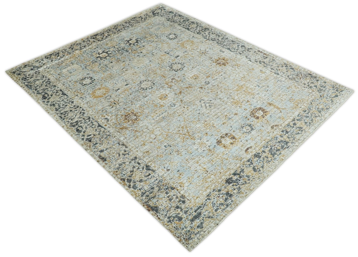 8x10 Fine Hand Knotted Blue and Gold Traditional Turkish Style Bamboo Silk Rug
