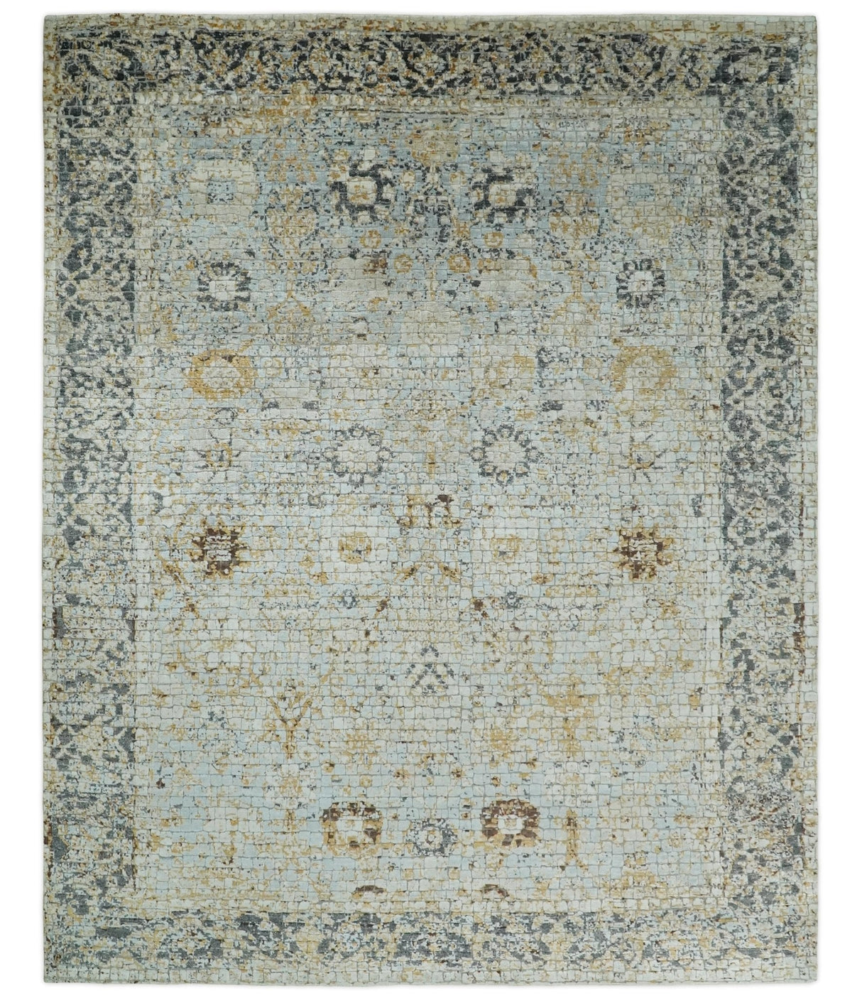 8x10 Fine Hand Knotted Blue and Gold Traditional Turkish Style Bamboo Silk Rug