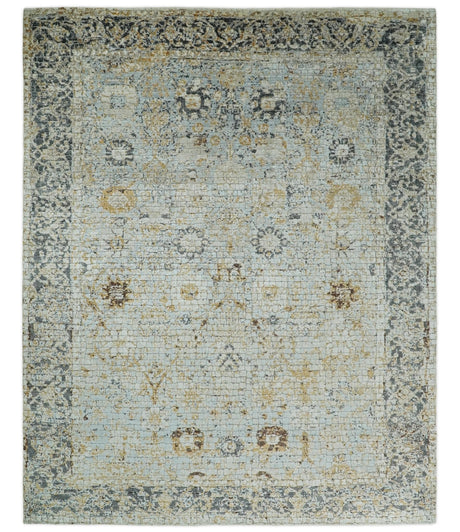8x10 Fine Hand Knotted Blue and Gold Traditional Turkish Style Bamboo Silk Rug