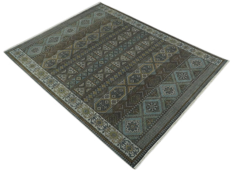 8x10 Fine Hand Knotted Brown and Blue Southwestern Traditional Antique Area Rug
