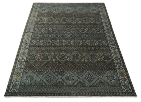 8x10 Fine Hand Knotted Brown and Blue Southwestern Traditional Antique Area Rug