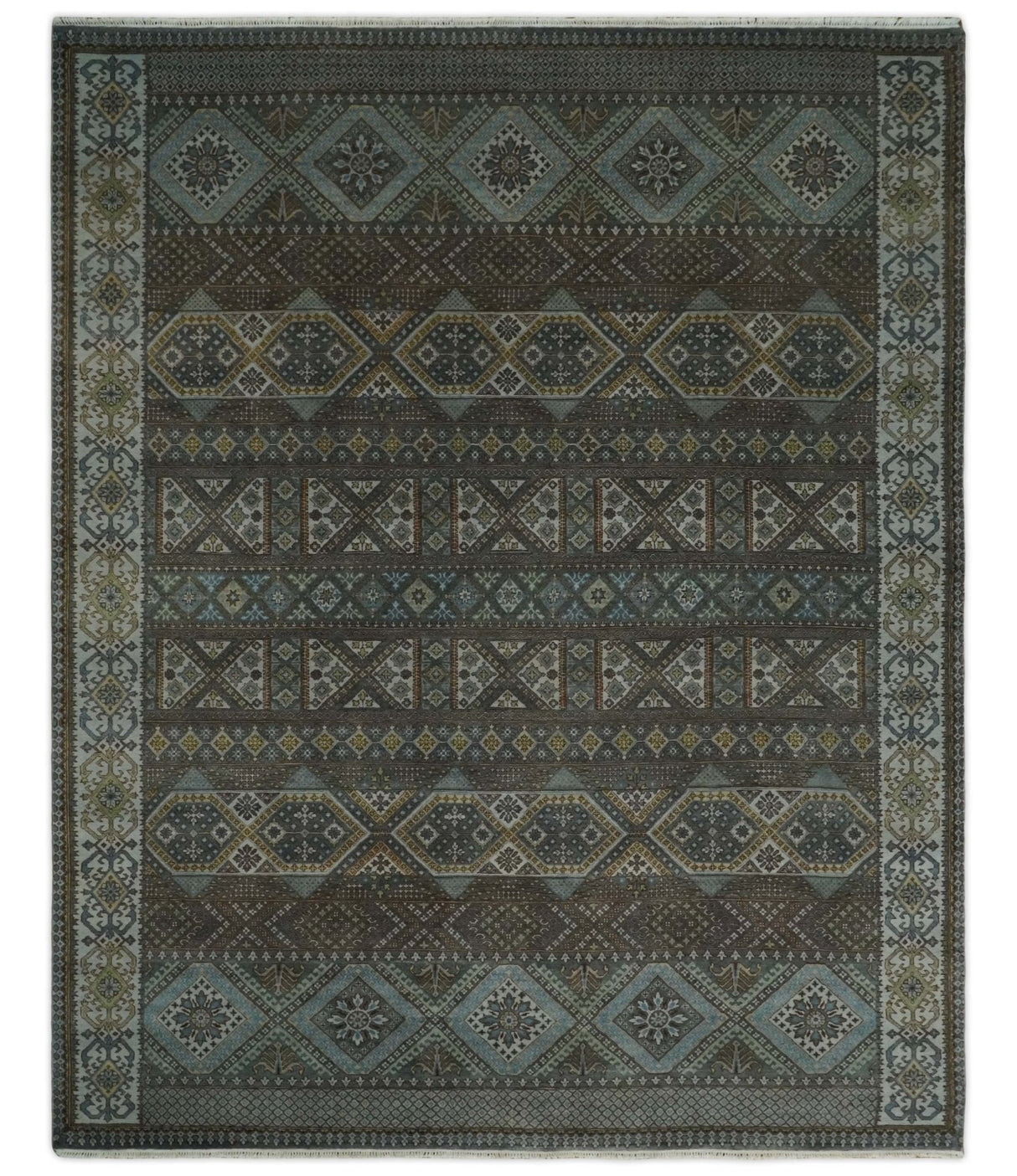 8x10 Fine Hand Knotted Brown and Blue Southwestern Traditional Antique Area Rug