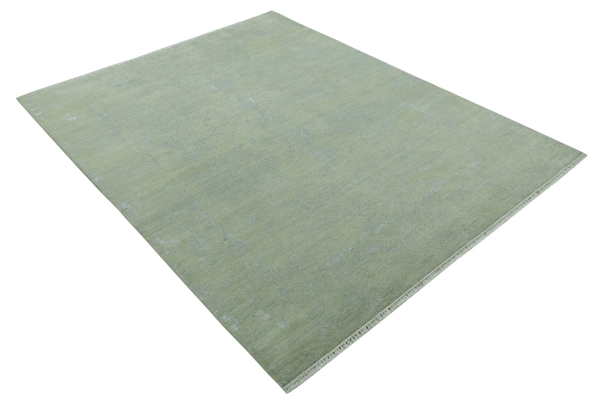 8X10 Fine Hand Knotted Green And Gray Modern abstract Design Wool and Art Silk Rug-Area Rug-Parc Decor