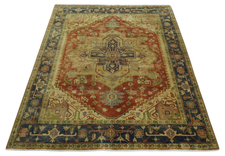 8x10 Gold, Rust and Charcoal Heriz Serapi Traditional Vintage Turkish Style Antique Look Hand Knotted Wool Area Rug | N361810