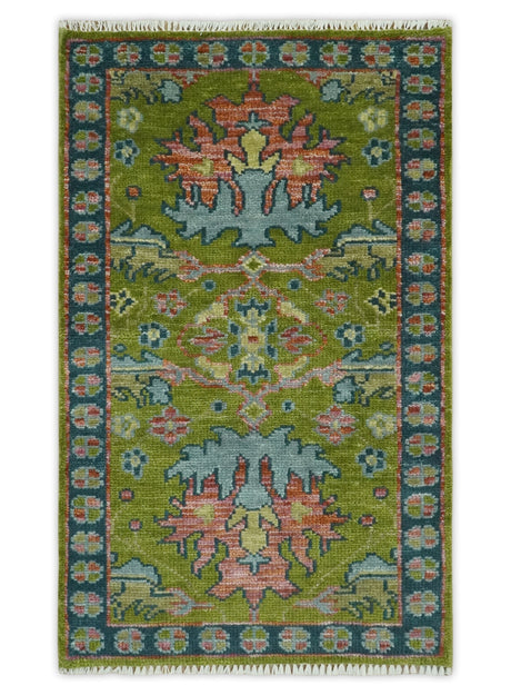 8x10 Green, Blue and Peach Hand Knotted Vibrant Donegal Floral Wool Rug-Area Rug-Parc Decor