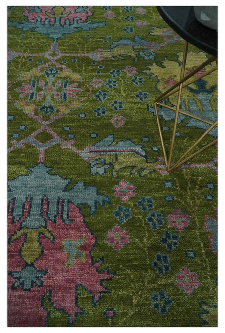 8x10 Green, Blue and Peach Hand Knotted Vibrant Donegal Floral Wool Rug-Area Rug-Parc Decor