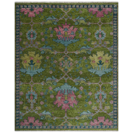 8x10 Green, Blue and Peach Hand Knotted Vibrant Donegal Floral Wool Rug-Area Rug-Parc Decor
