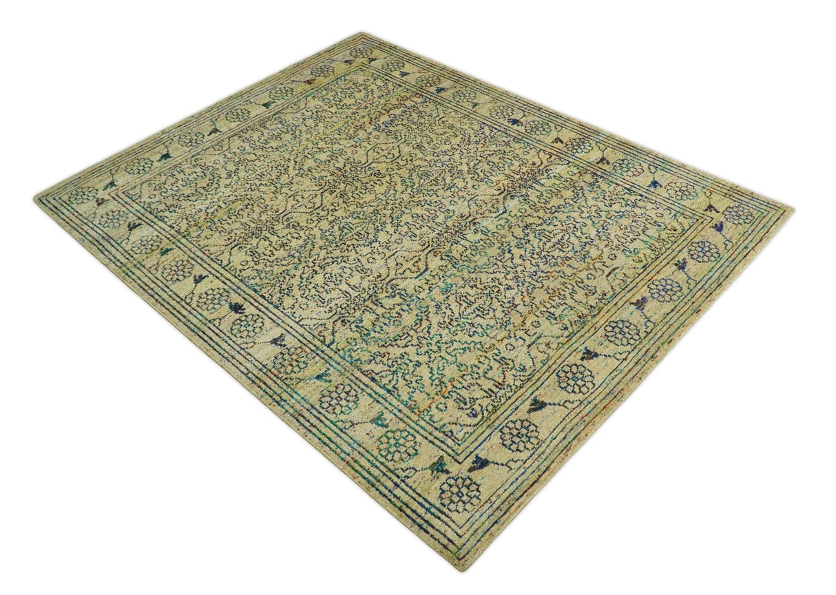 8x10 Hand Knotted Beige and Blue Persian made of Recycled Silk Area Rug